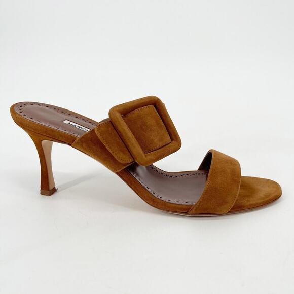 Manolo Blahnik Gable Camel Brown Suede Buckle Open Toe Stiletto Mules IT 39 - Picture 2 of 10